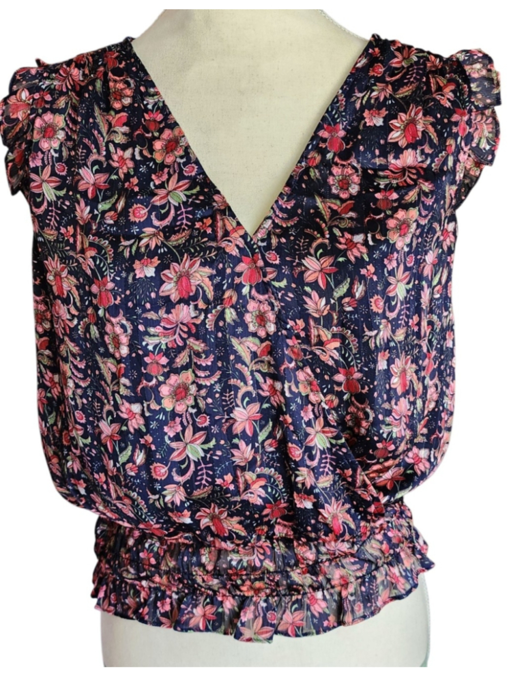 ECLAIR Shimmer Floral Ruffle Blouse Navy Pink V-Neck Peplum Ruffled Boho Top XS